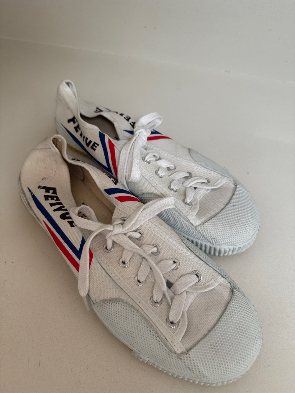 Feiyue White Canvas Sneakers with Red & Blue Stripe Accents